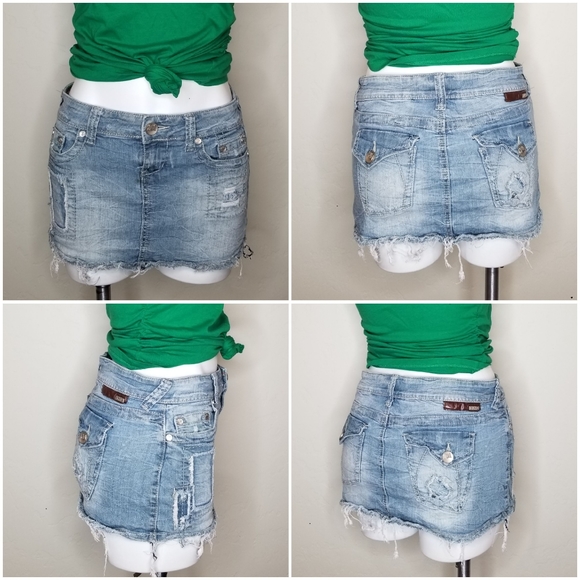 YNQ | Denim Jean Mini Skirt Patches Light Wash - Picture 1 of 8